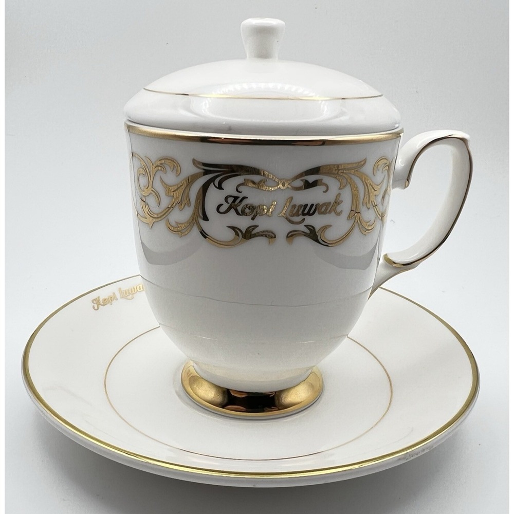 Vintage Hankook Ceramic Kopi Luwak Lidded Coffee Cup Saucer Set Gold Trim Rare - Picture 2 of 16